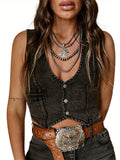 Denim Tank Top Vest Women Sleeveless V-Neck Button Front Solid Color Slim Fit Summer Waistcoat Fashion Top S-XXL