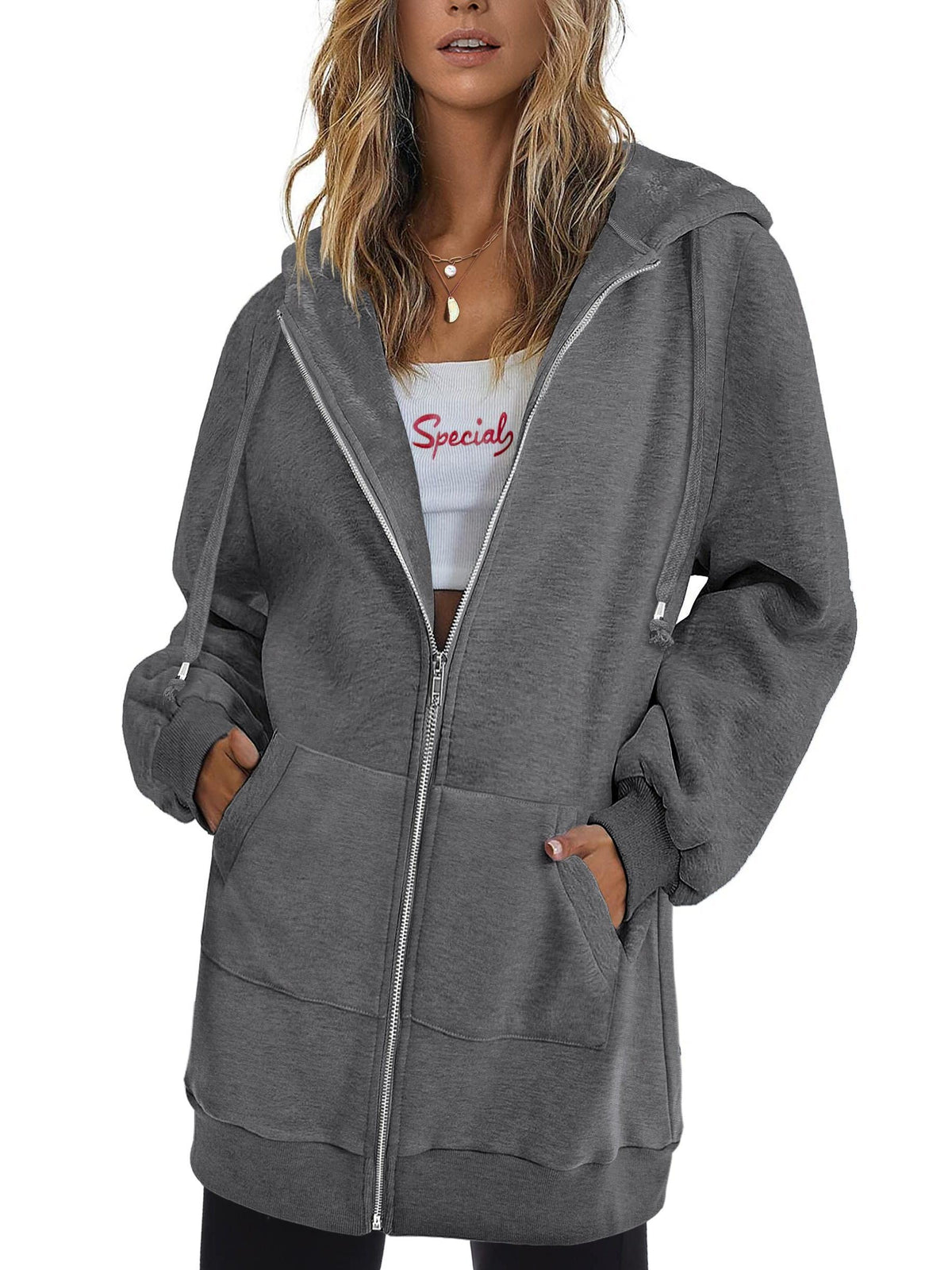Women's Zip Up Hoodie Oversized Fleece Sweatshirt Long Sleeve Tunic Jacket with Pockets Fall Winter Casual S-XXL
