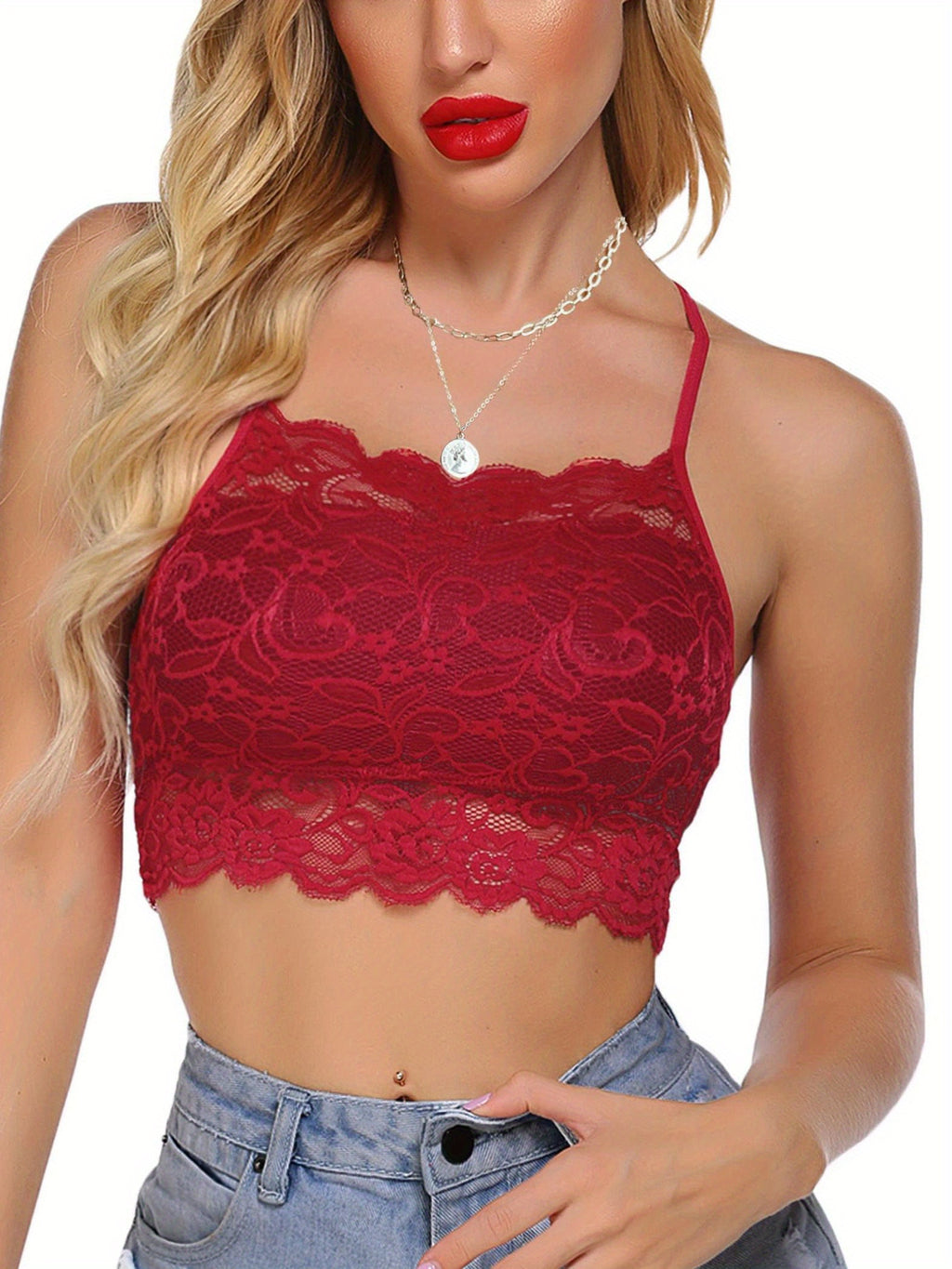Lace Bralette Crop Top for Women | High Neck Racerback Camisole | Double-Layer Lace Cami Bra Top | Sexy Lingerie-Style Casual Tank Women