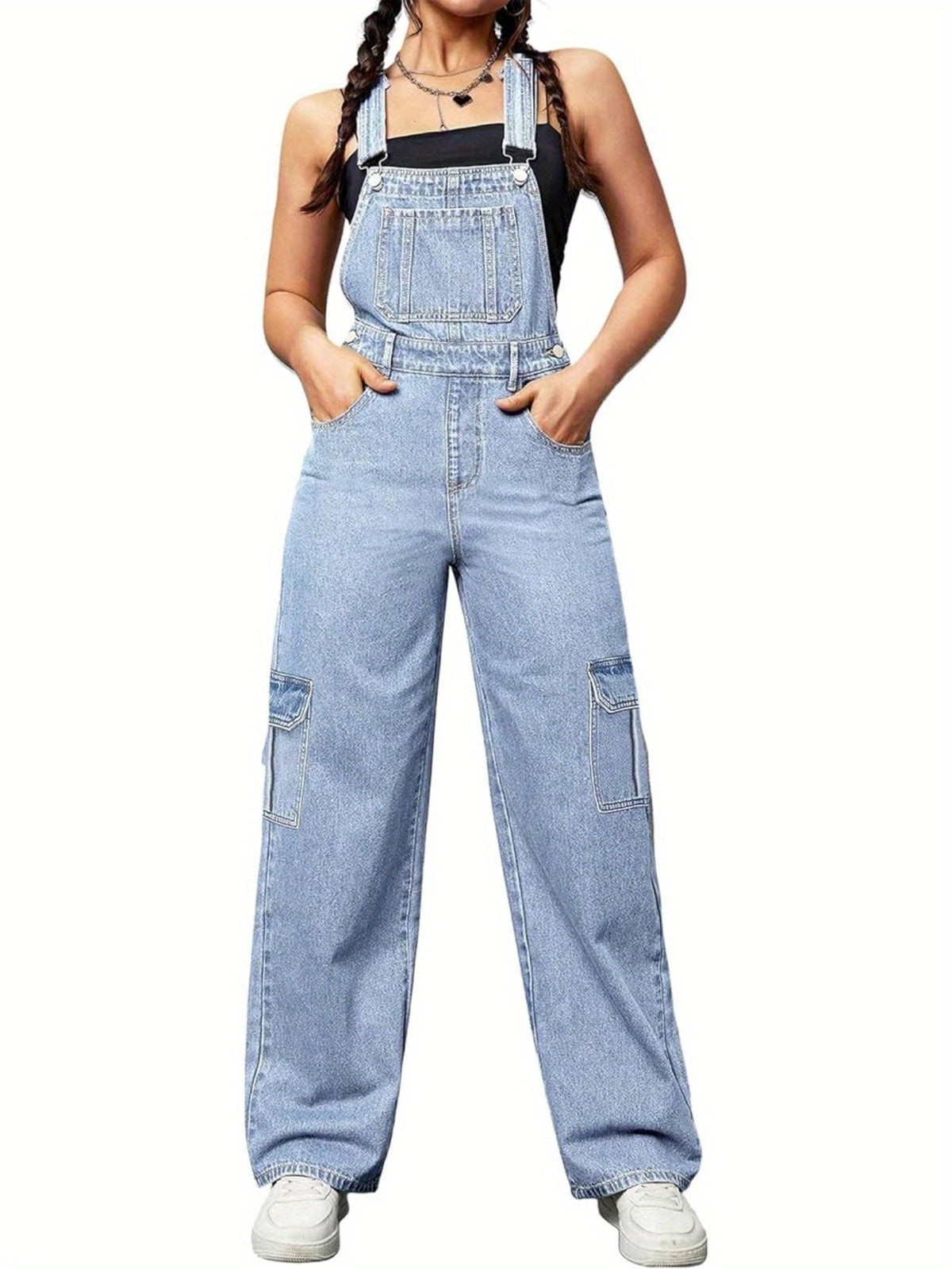 Wide Leg Cargo Denim Overalls Women Loose Fit Bib Baggy Jean Jumpsuit | Adjustable Straps Non-Stretch Woven Sports Style All Season S-XXL