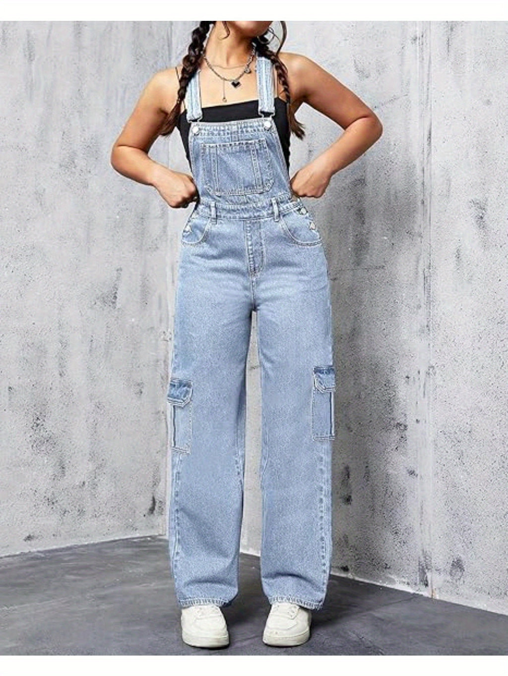 Wide Leg Cargo Denim Overalls Women Loose Fit Bib Baggy Jean Jumpsuit | Adjustable Straps Non-Stretch Woven Sports Style All Season S-XXL
