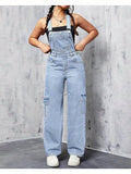 Wide Leg Cargo Denim Overalls Women Loose Fit Bib Baggy Jean Jumpsuit | Adjustable Straps Non-Stretch Woven Sports Style All Season S-XXL