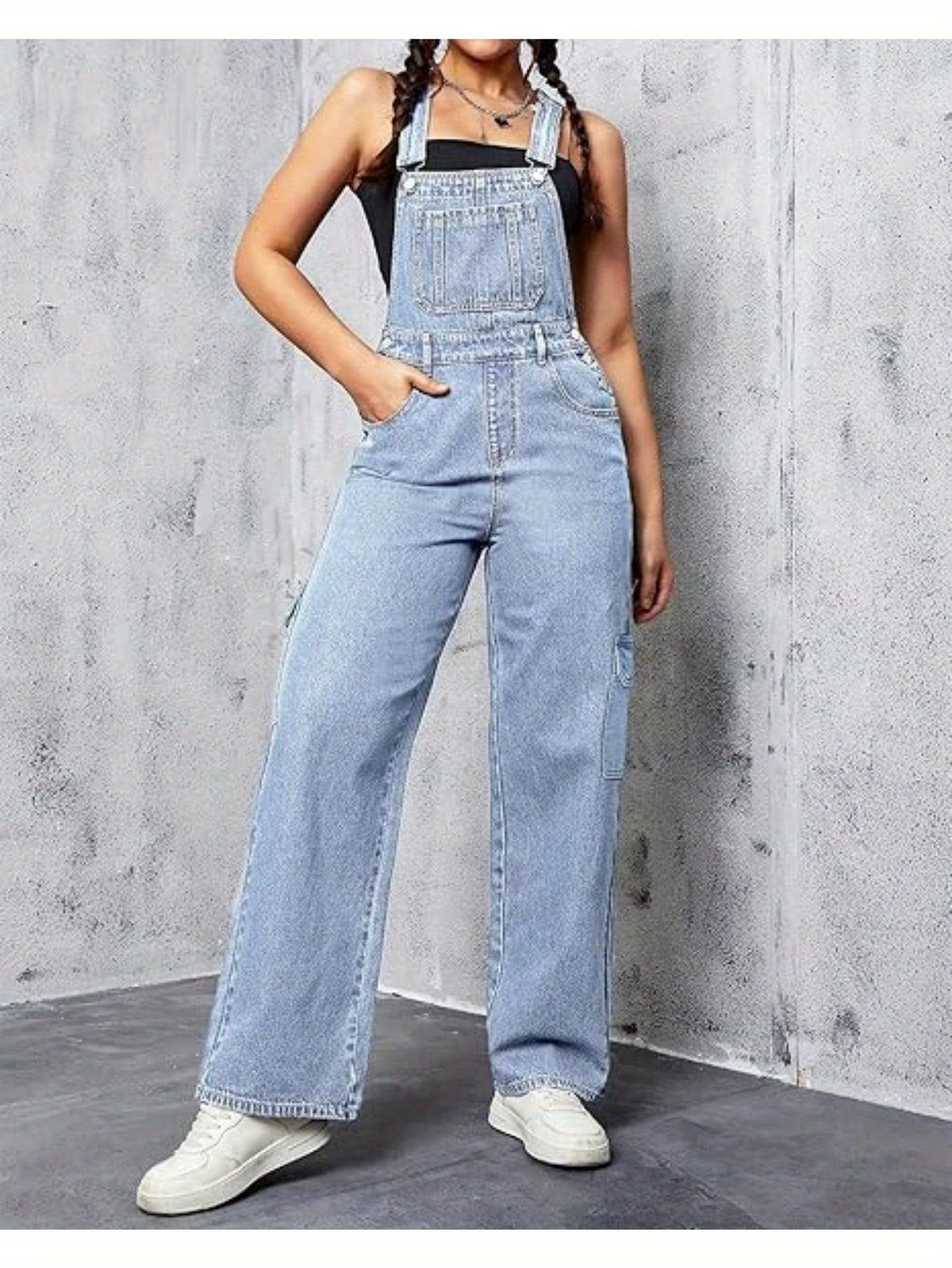 Wide Leg Cargo Denim Overalls Women Loose Fit Bib Baggy Jean Jumpsuit | Adjustable Straps Non-Stretch Woven Sports Style All Season S-XXL