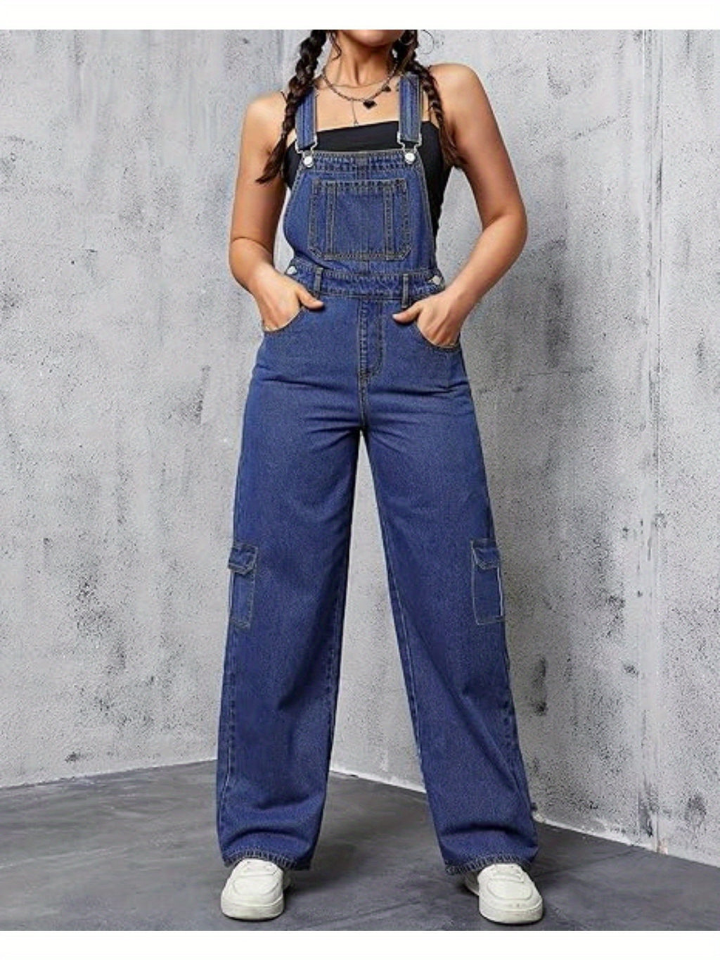 Wide Leg Cargo Denim Overalls Women Loose Fit Bib Baggy Jean Jumpsuit | Adjustable Straps Non-Stretch Woven Sports Style All Season S-XXL