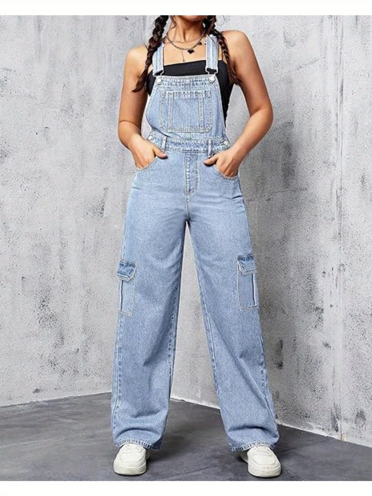 Wide Leg Cargo Denim Overalls Women Loose Fit Bib Baggy Jean Jumpsuit | Adjustable Straps Non-Stretch Woven Sports Style All Season S-XXL