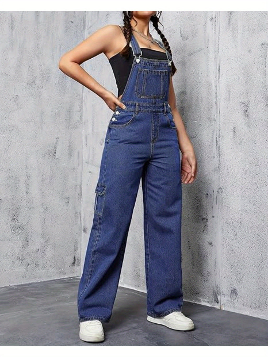 Wide Leg Cargo Denim Overalls Women Loose Fit Bib Baggy Jean Jumpsuit | Adjustable Straps Non-Stretch Woven Sports Style All Season S-XXL