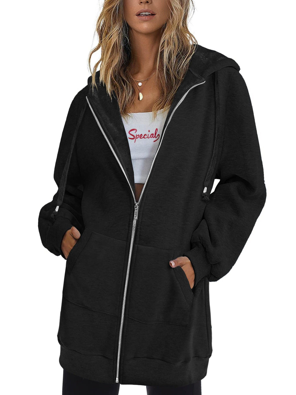 Zip Up Hoodie Women Oversized Long Sleeve Sweatshirt Pockets Casual Jacket Relaxed Fit Spring Fall Cozy Everyday Wear