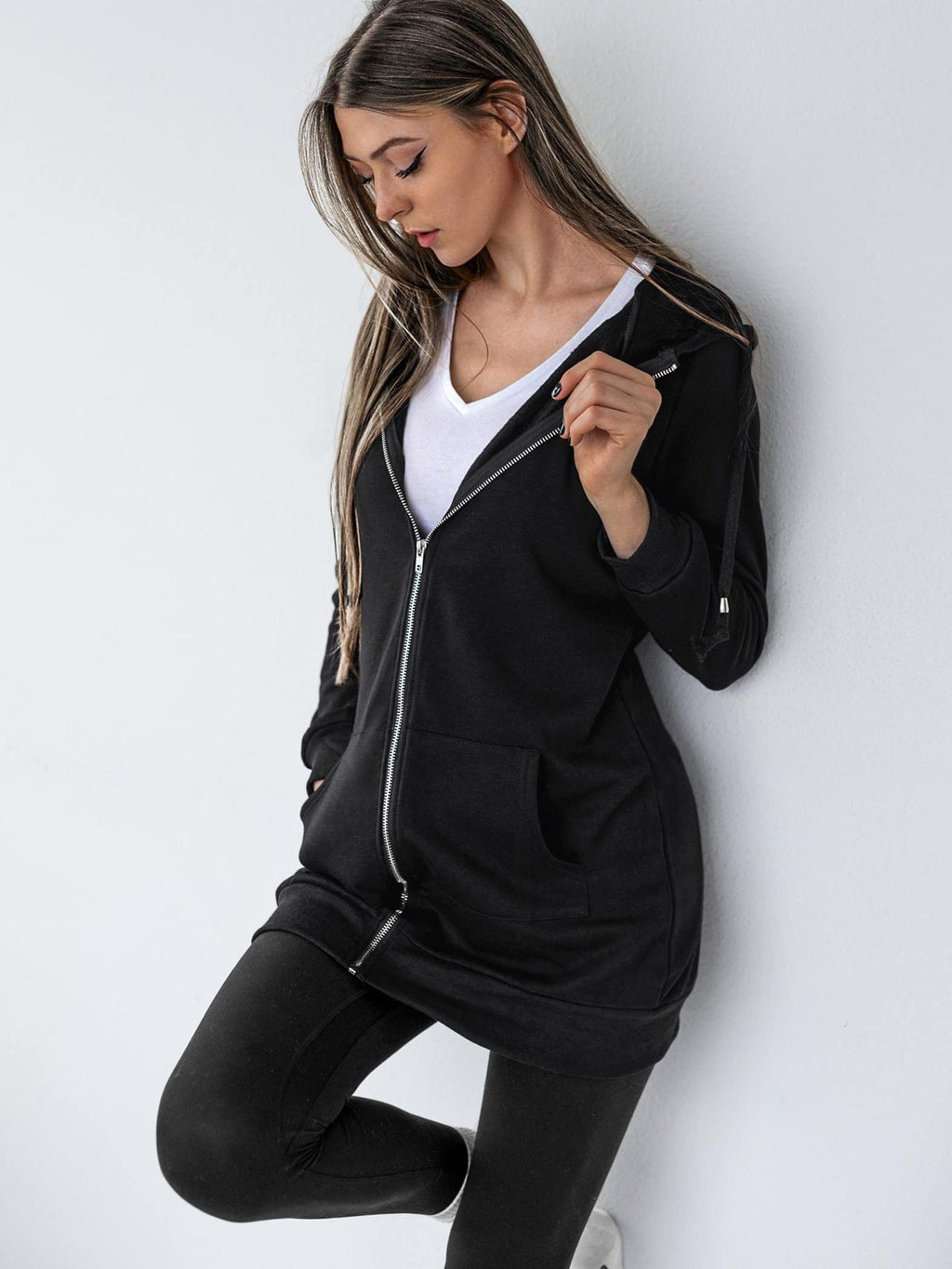 Zip Up Hoodie Women Oversized Long Sleeve Sweatshirt Pockets Casual Jacket Relaxed Fit Spring Fall Cozy Everyday Wear