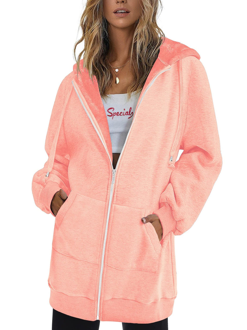 Zip Up Hoodie Women Oversized Long Sleeve Sweatshirt Pockets Casual Jacket Relaxed Fit Spring Fall Cozy Everyday Wear
