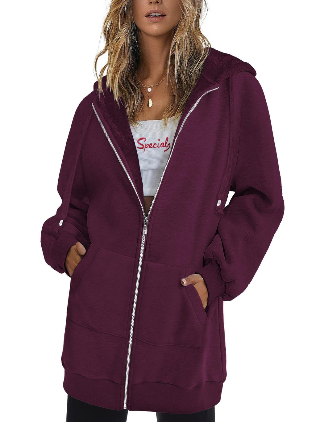 Zip Up Hoodie Women Oversized Long Sleeve Sweatshirt Pockets Casual Jacket Relaxed Fit Spring Fall Cozy Everyday Wear
