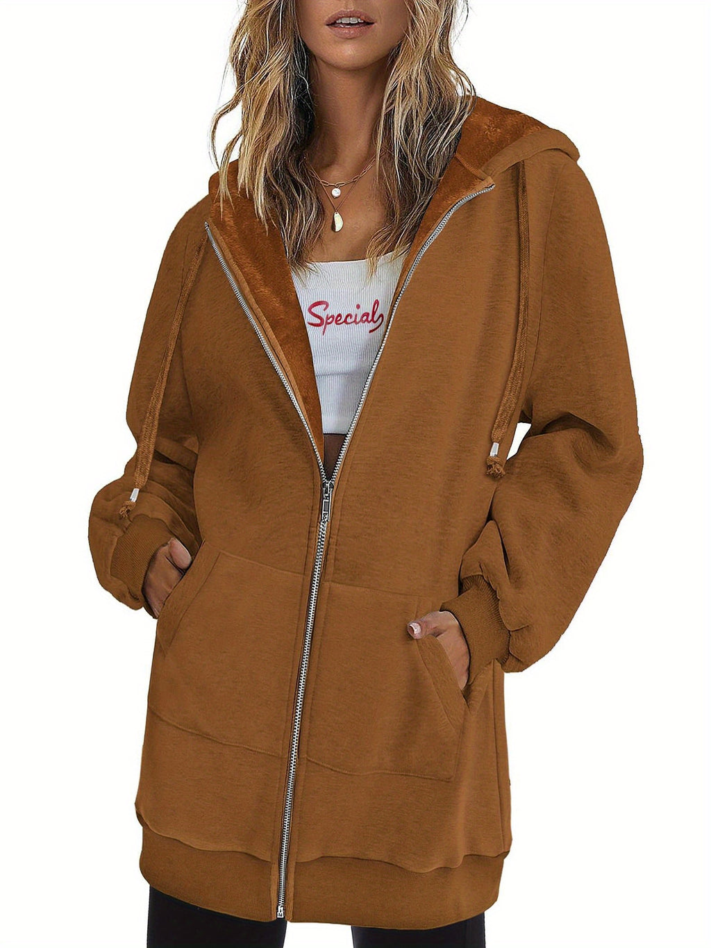 Zip Up Hoodie Women Oversized Long Sleeve Sweatshirt Pockets Casual Jacket Relaxed Fit Spring Fall Cozy Everyday Wear