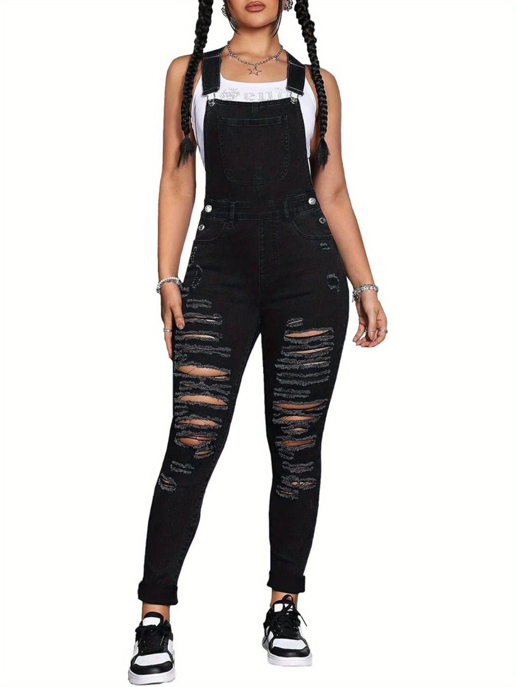 Ripped Skinny Denim Overalls Women Adjustable Strap High Stretch Black Bib Jumpsuit Casual Streetwear XS-XL
