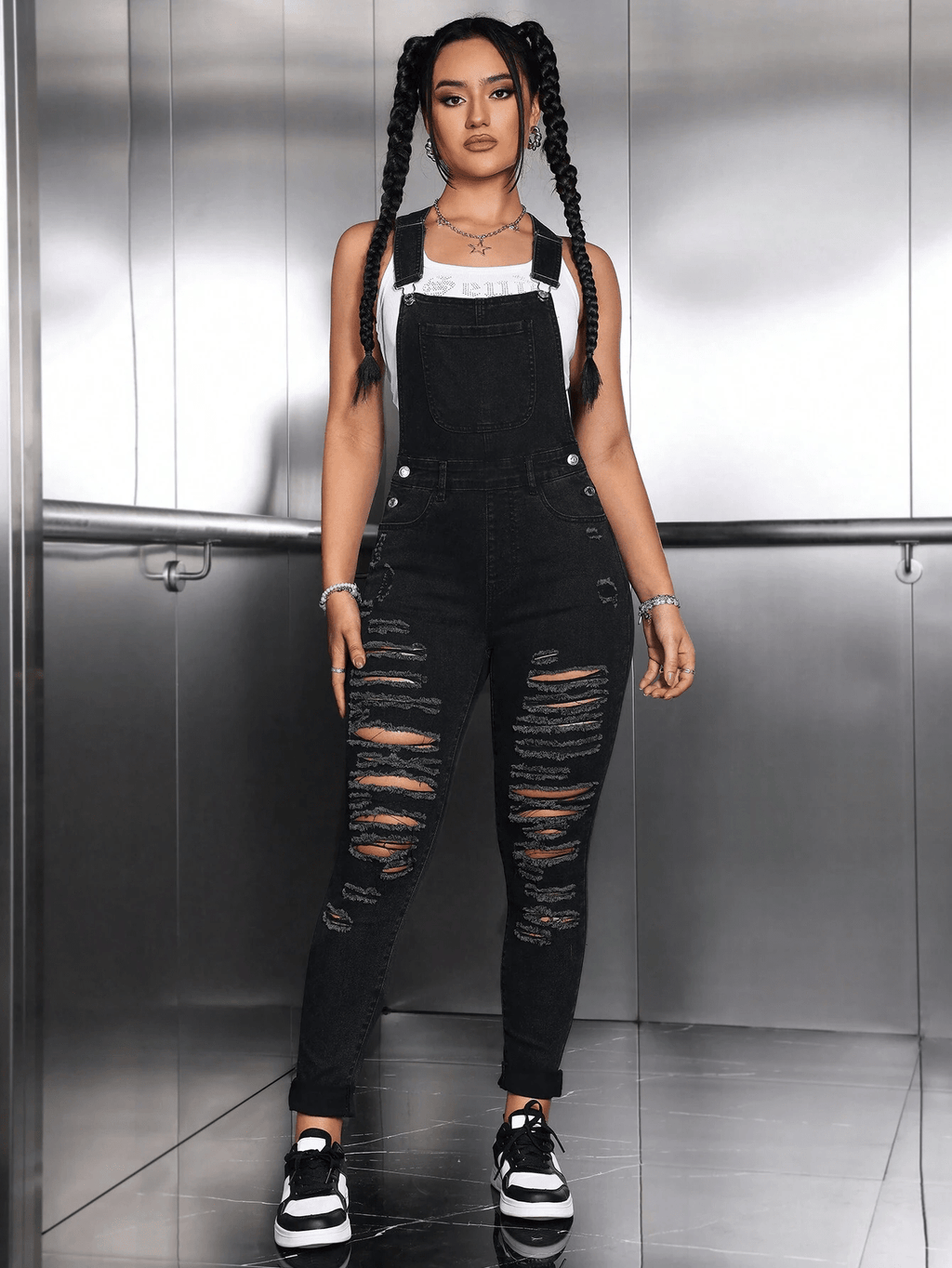 Ripped Skinny Denim Overalls Women Adjustable Strap High Stretch Black Bib Jumpsuit Casual Streetwear XS-XL