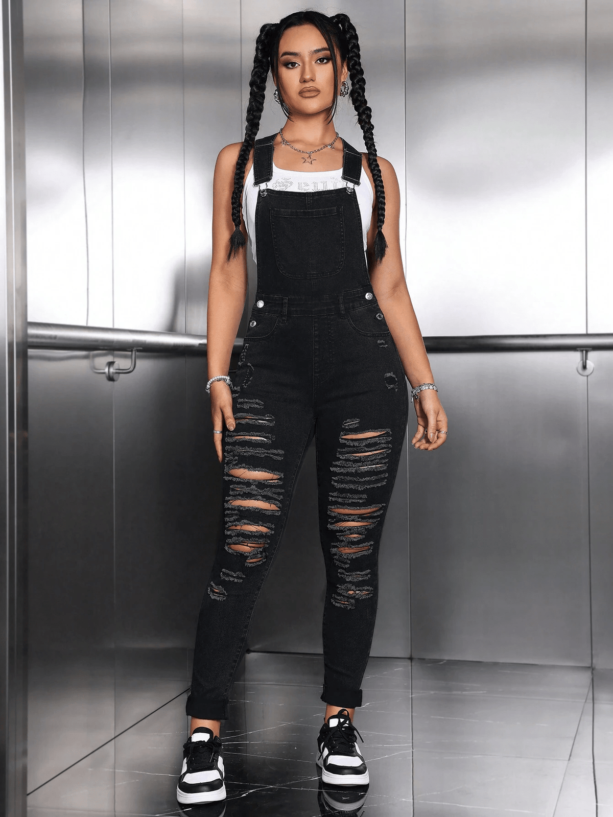 Ripped Skinny Denim Overalls Women Adjustable Strap High Stretch Black Bib Jumpsuit Casual Streetwear XS-XL