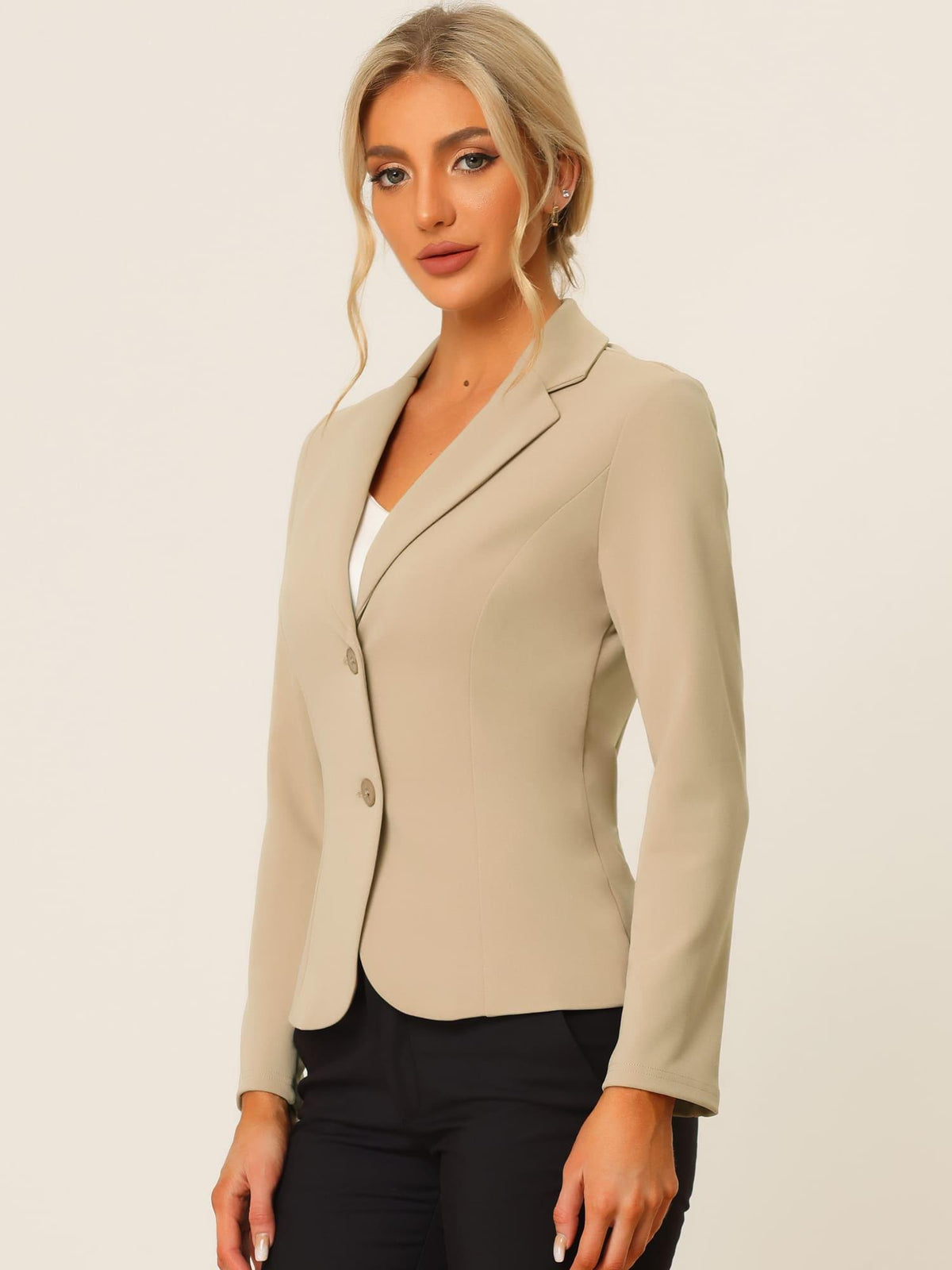 Women's Stretch Blazer Lapel Collar Long Sleeve Button Front Work Office Jacket Suit Single Breasted Knit Fabric Fall Winter