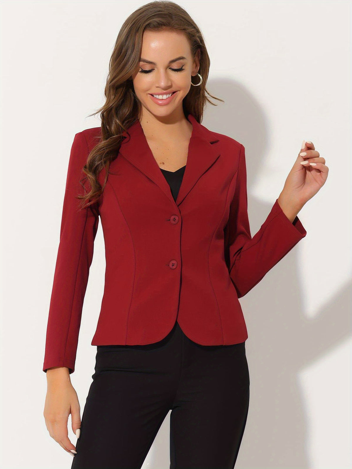 Women's Stretch Blazer Lapel Collar Long Sleeve Button Front Work Office Jacket Suit Single Breasted Knit Fabric Fall Winter