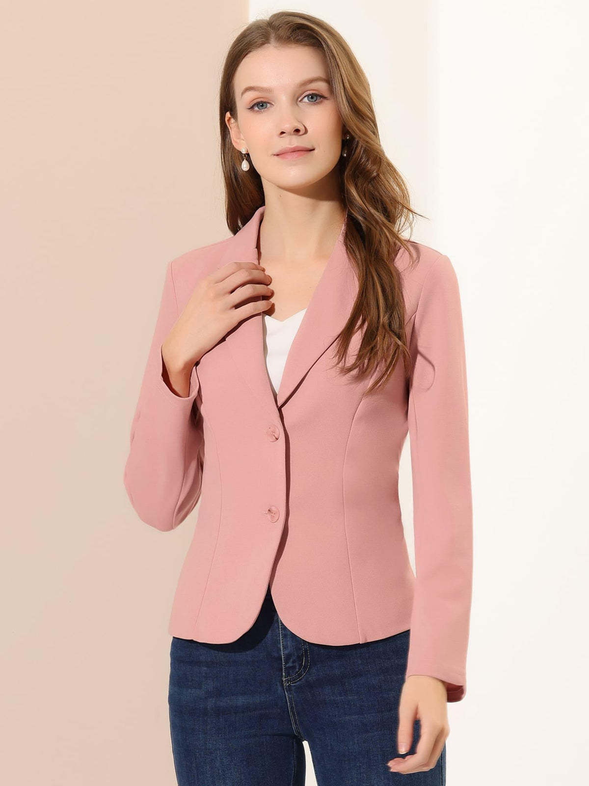 Women's Stretch Blazer Lapel Collar Long Sleeve Button Front Work Office Jacket Suit Single Breasted Knit Fabric Fall Winter