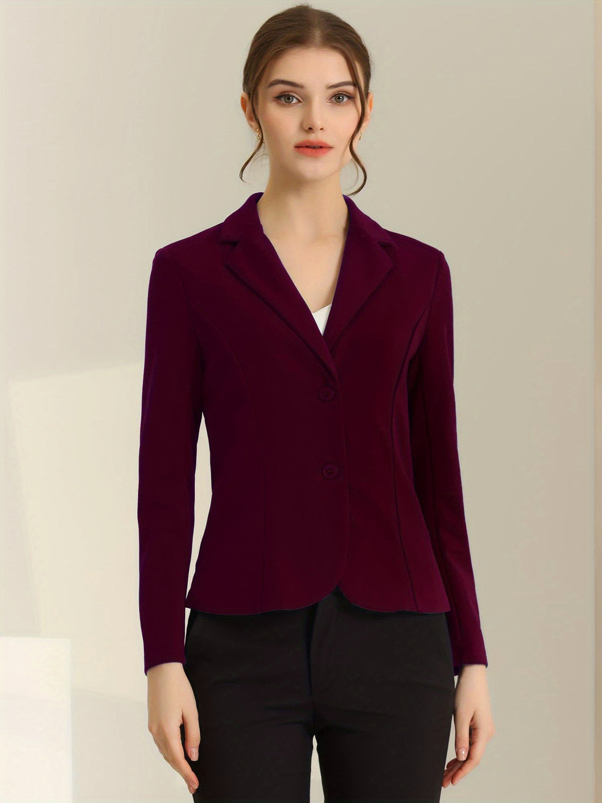Women's Stretch Blazer Lapel Collar Long Sleeve Button Front Work Office Jacket Suit Single Breasted Knit Fabric Fall Winter