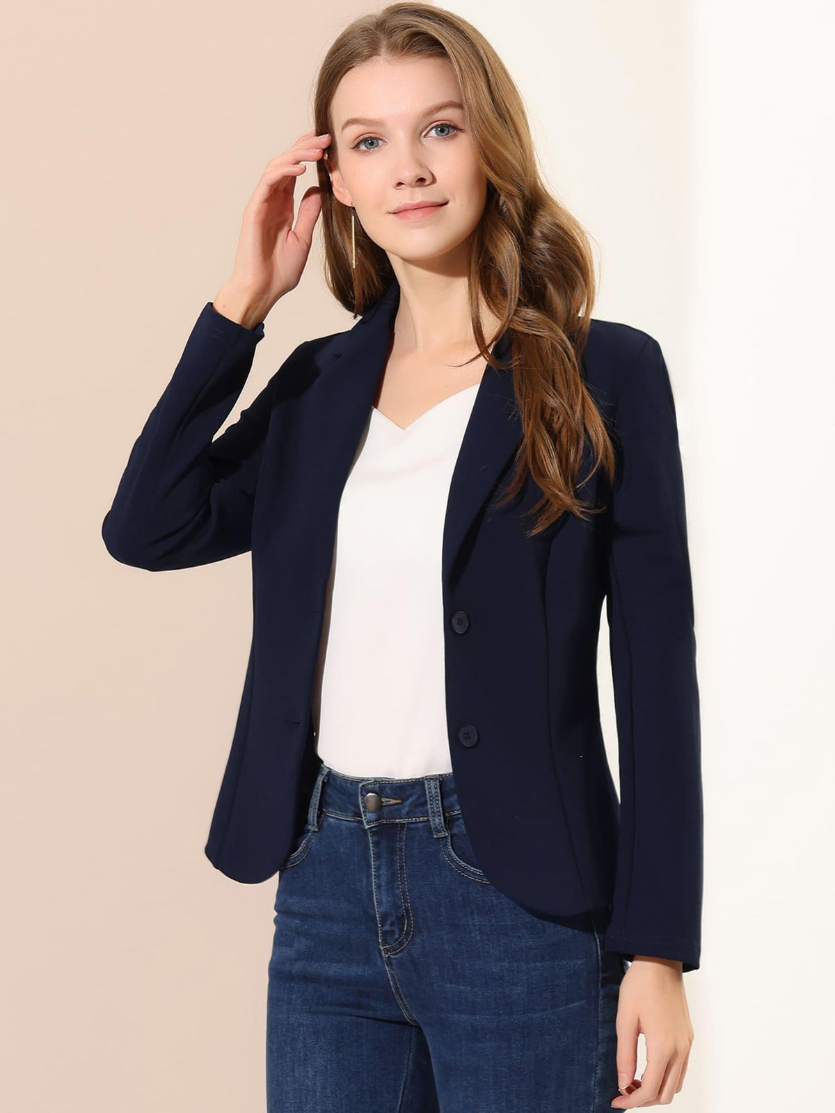 Women's Stretch Blazer Lapel Collar Long Sleeve Button Front Work Office Jacket Suit Single Breasted Knit Fabric Fall Winter