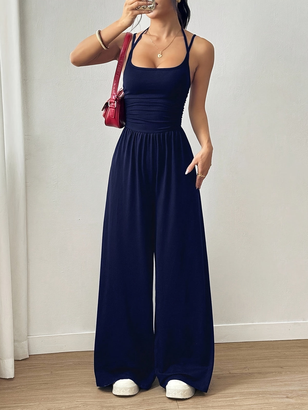 Pleated Loose Fit Jumpsuit Women Casual Wide Leg One Piece Outfit Spring Summer Light Grey Navy S-XL