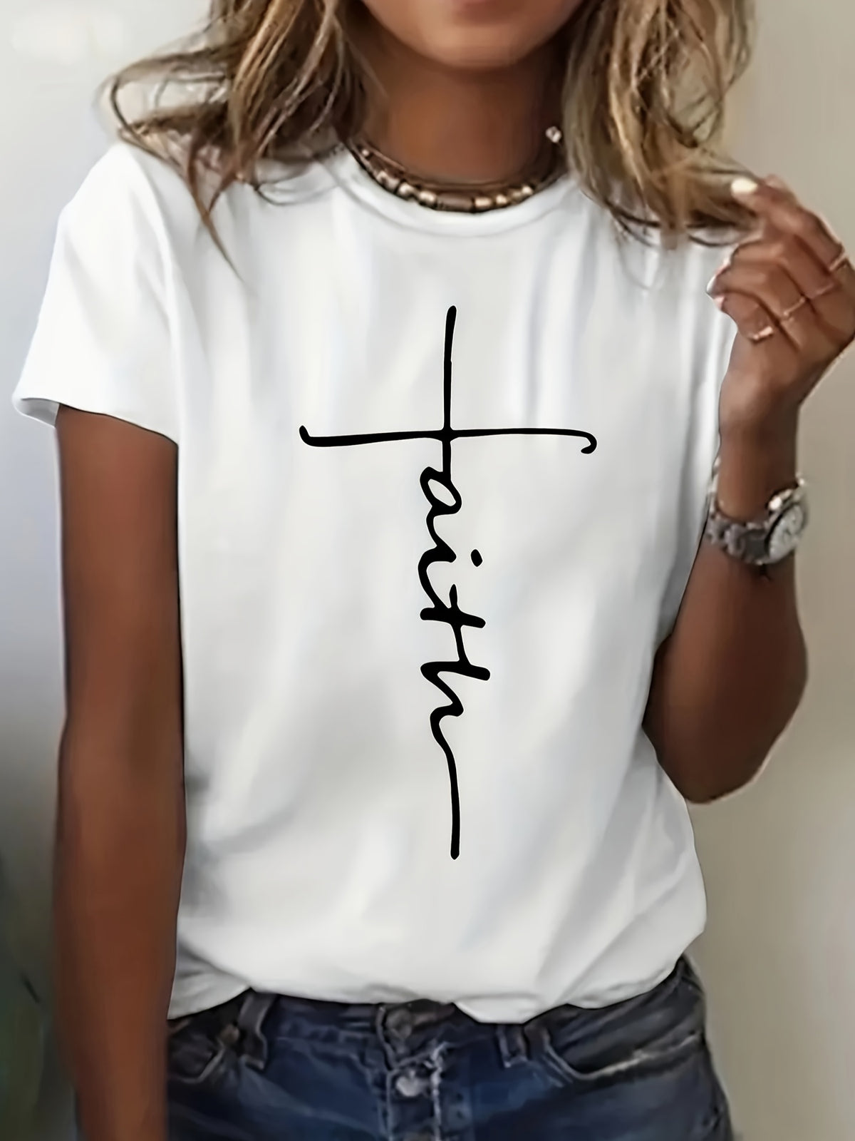 Women's Casual Letter Cross Floral Print T-Shirt Short Sleeve Round Neck Top | S-XXL Dark Gray Black White