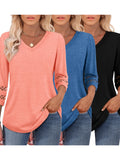 Women's V-Neck Lace 3/4 Sleeve Top Casual Knit Blouse Three-Quarter Sleeve Solid Color Shirt