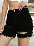 Ripped Denim Shorts Women High Waist Irregular Hem Skinny Jean Shorts with Pockets Sexy Casual Summer Hot Pants Black Dark Blue
