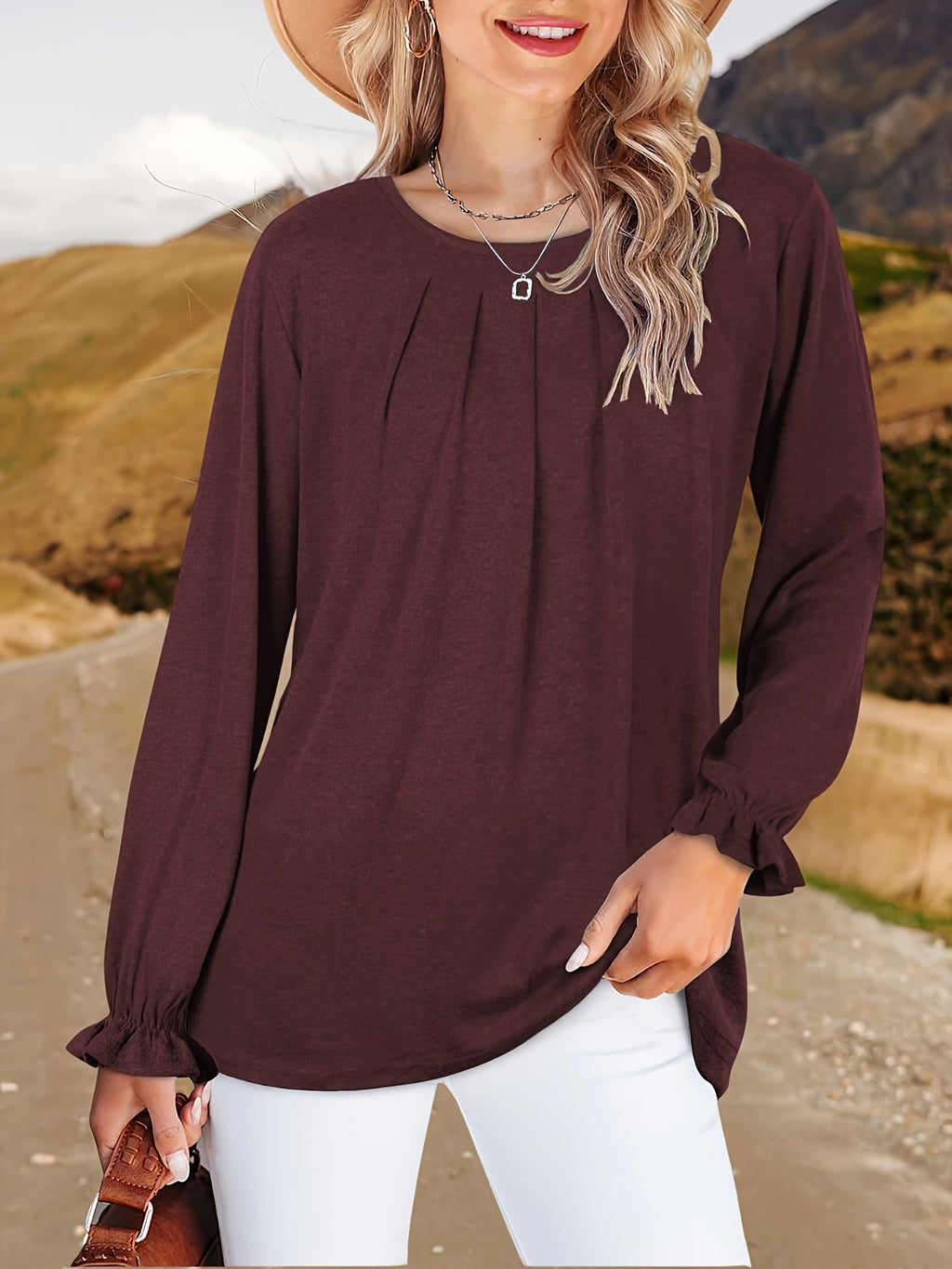 Pleated Ruffle Blouse Women's Long Sleeve Loose Fitting Tunic Top Crew Neck Solid Color Shirt S-XXL | Mira Roam