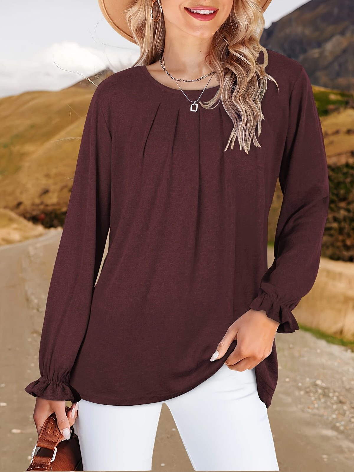 Pleated Ruffle Blouse Women's Long Sleeve Loose Fitting Tunic Top Crew Neck Solid Color Shirt S-XXL | Mira Roam