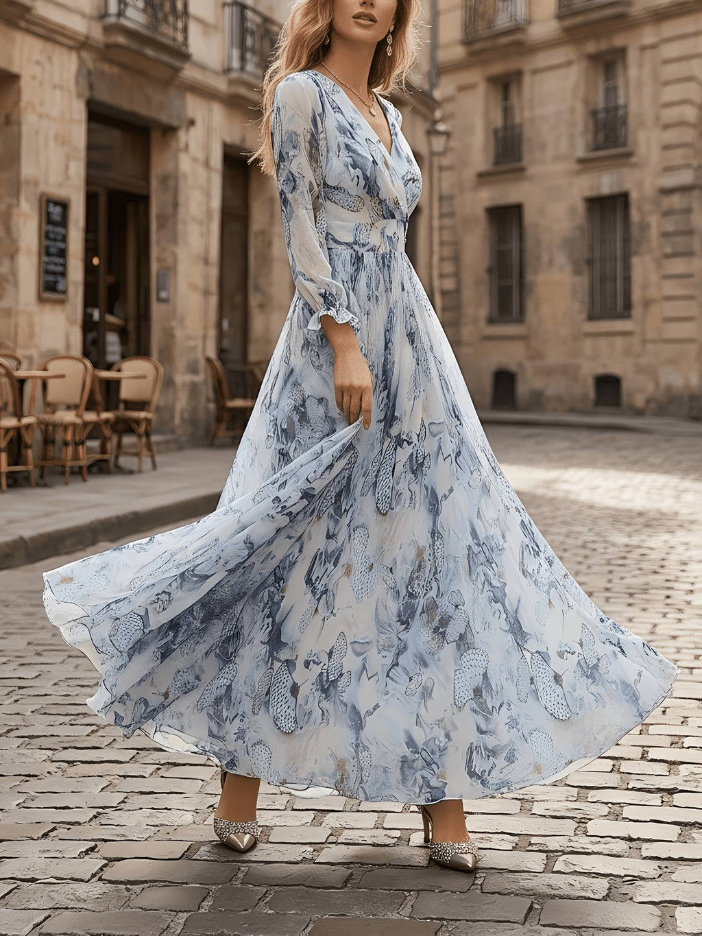 Long Sleeve Floral Maxi Swing Dress Women V-Neck Ankle Length A-Line Pendulum Chiffon Elegant Spring Fall Dress S-XXL