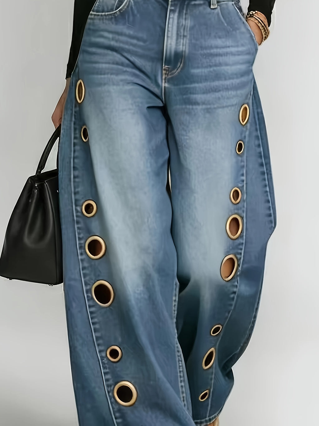 High Waist Wide Leg Jeans Women Retro Metal Eyelet Denim Pants Loose Casual Street Style Y2K Cool Streetwear
