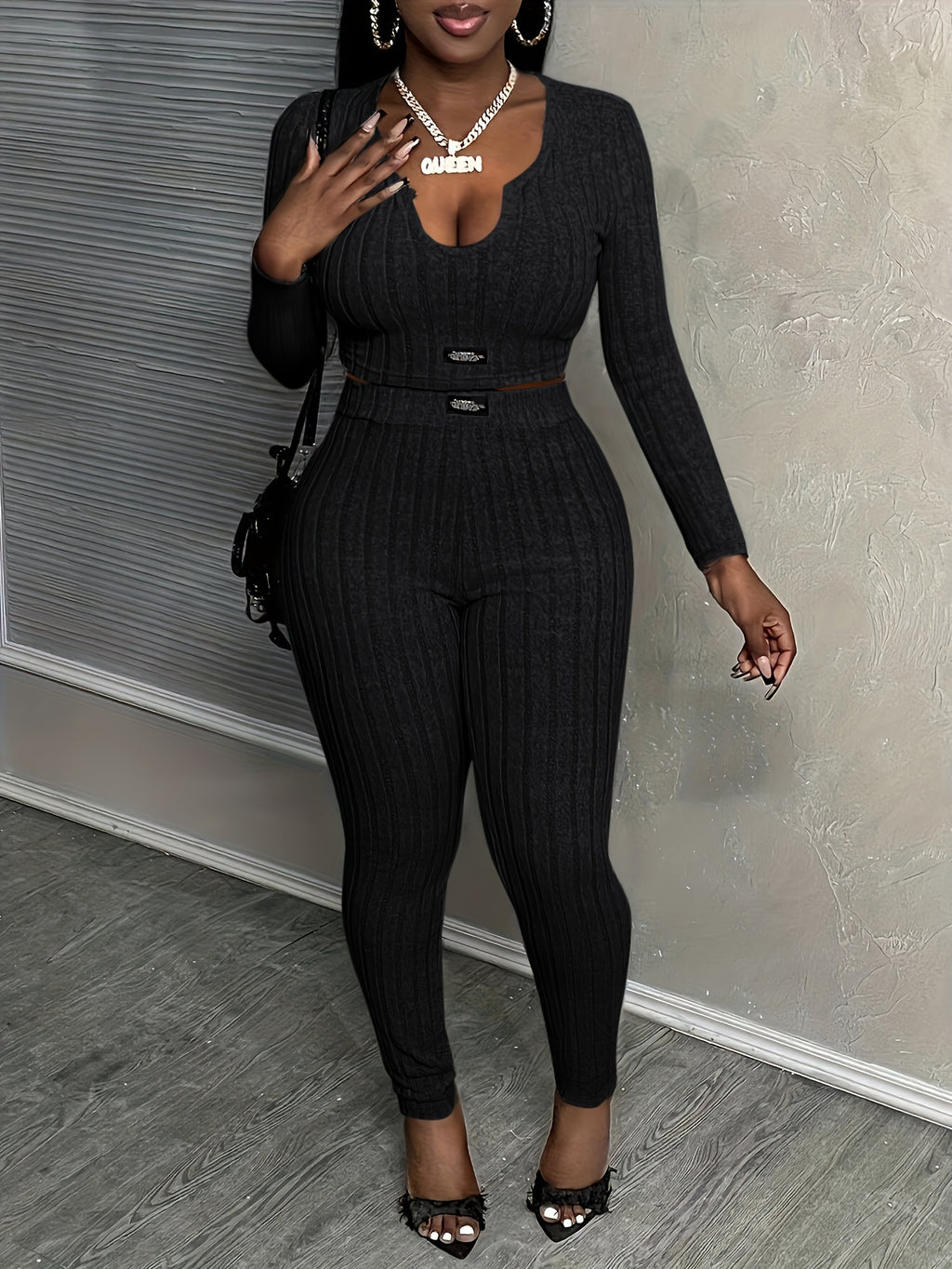 2 Piece Set Women Slim Fit Long Sleeve Top & High Waist Pants Stretchy Casual Fall Outfit Matching Set S-XXL