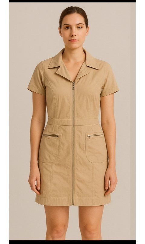 Zip Up Utility Dress Women Short Sleeve Notched Collar Zippered Pockets Elasticized Waist Tailored Casual Work Weekend Shirt Dress Lightweight