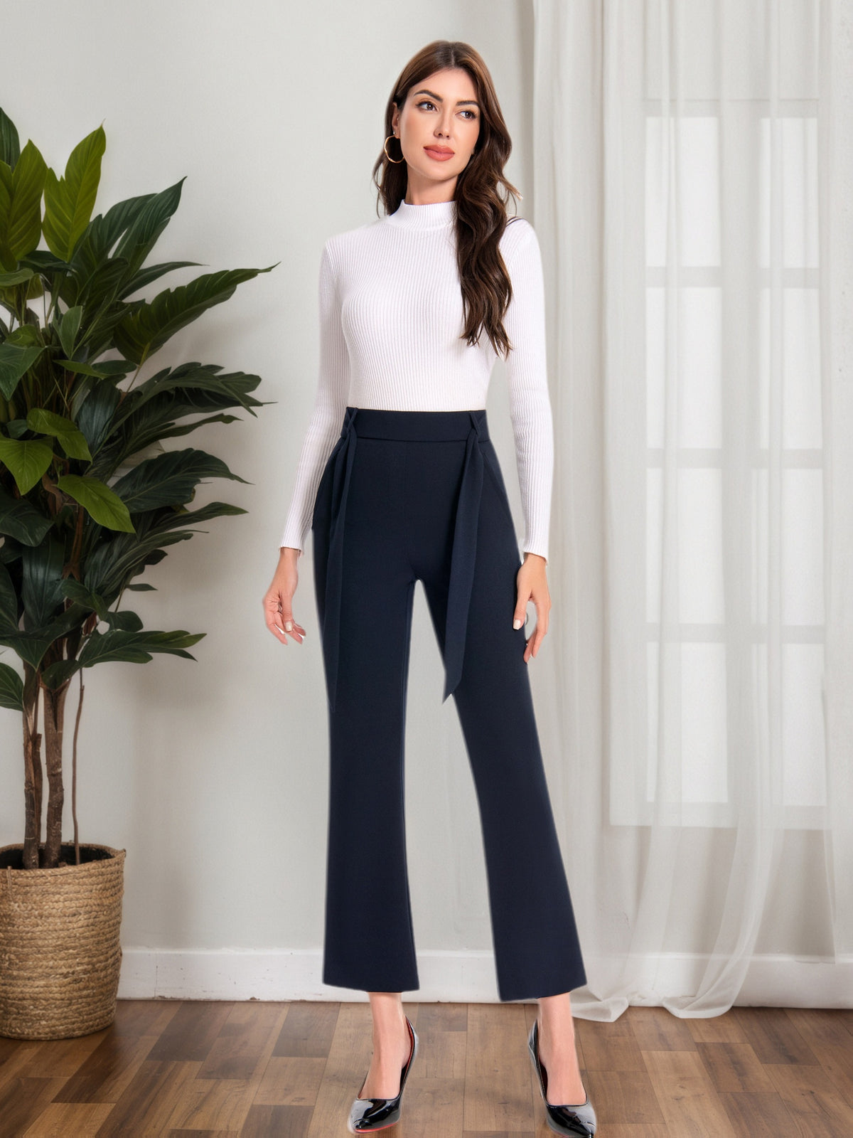 Plaid Flare Pants Women High Waist Tie Belt Slim Fit with Pockets Elegant Office Work Trousers Chic Tailored