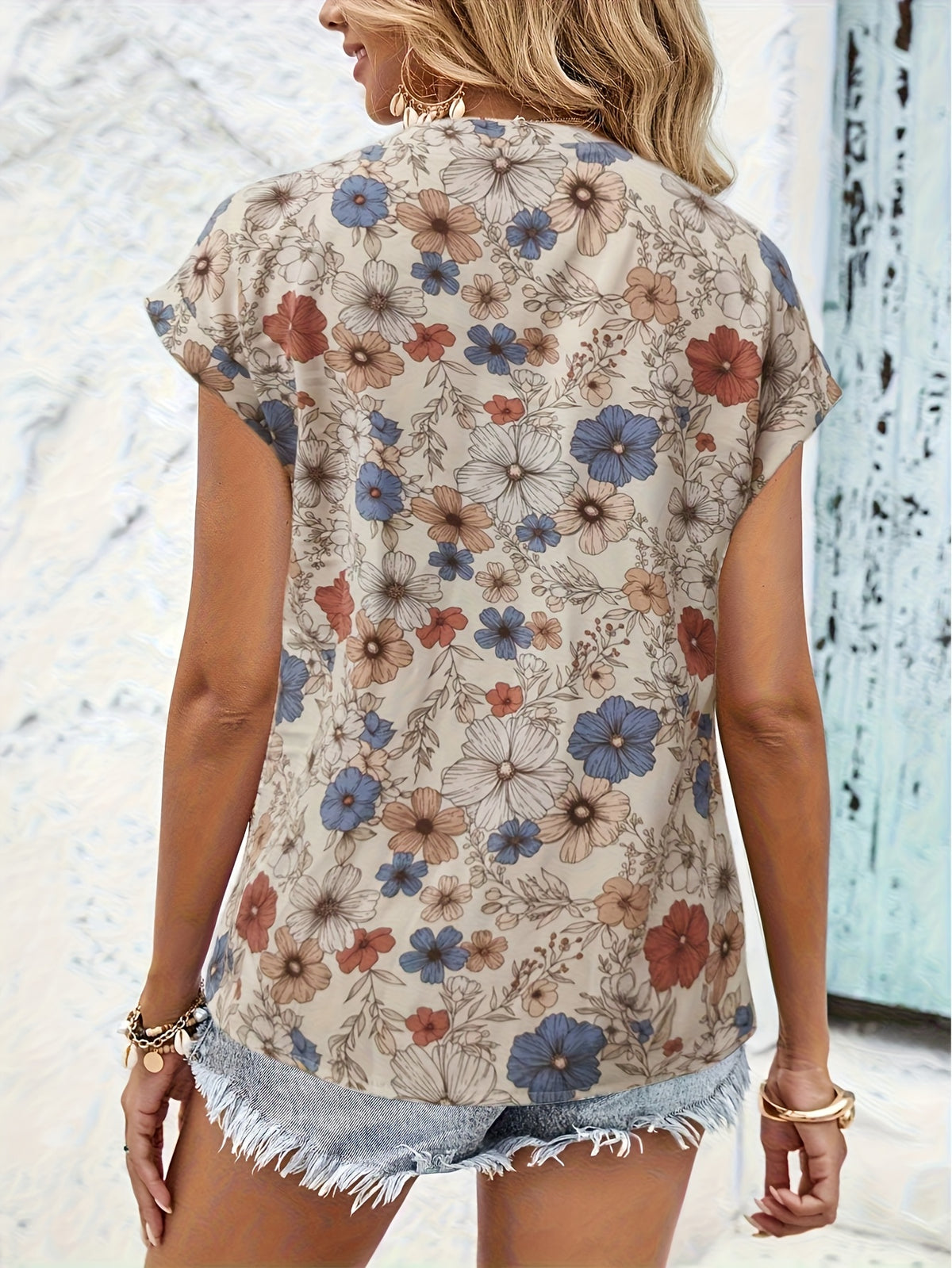 Vintage Floral Print Blouse Women V-Neck Notched Stand Collar Short Sleeve Ruffle Detail Textured Breathable Machine Washable Summer Casual Shirt