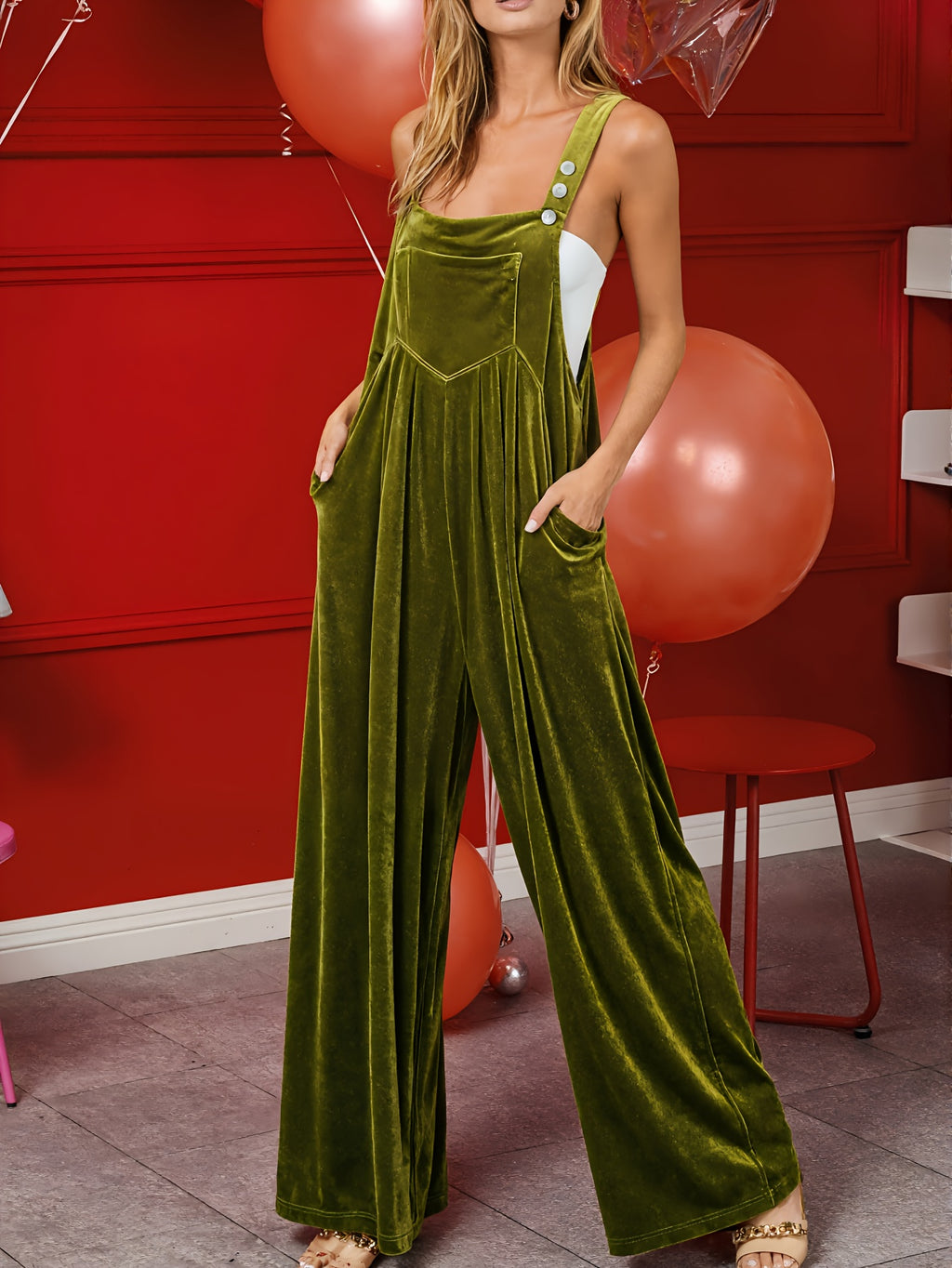 Velvet Wide Leg Overalls for Women, Solid Glossy Fabric Adjustable Buckle Strap Jumpsuit, Elegant Four Season One Piece Loose Pants, Chic Casual and Party Romper