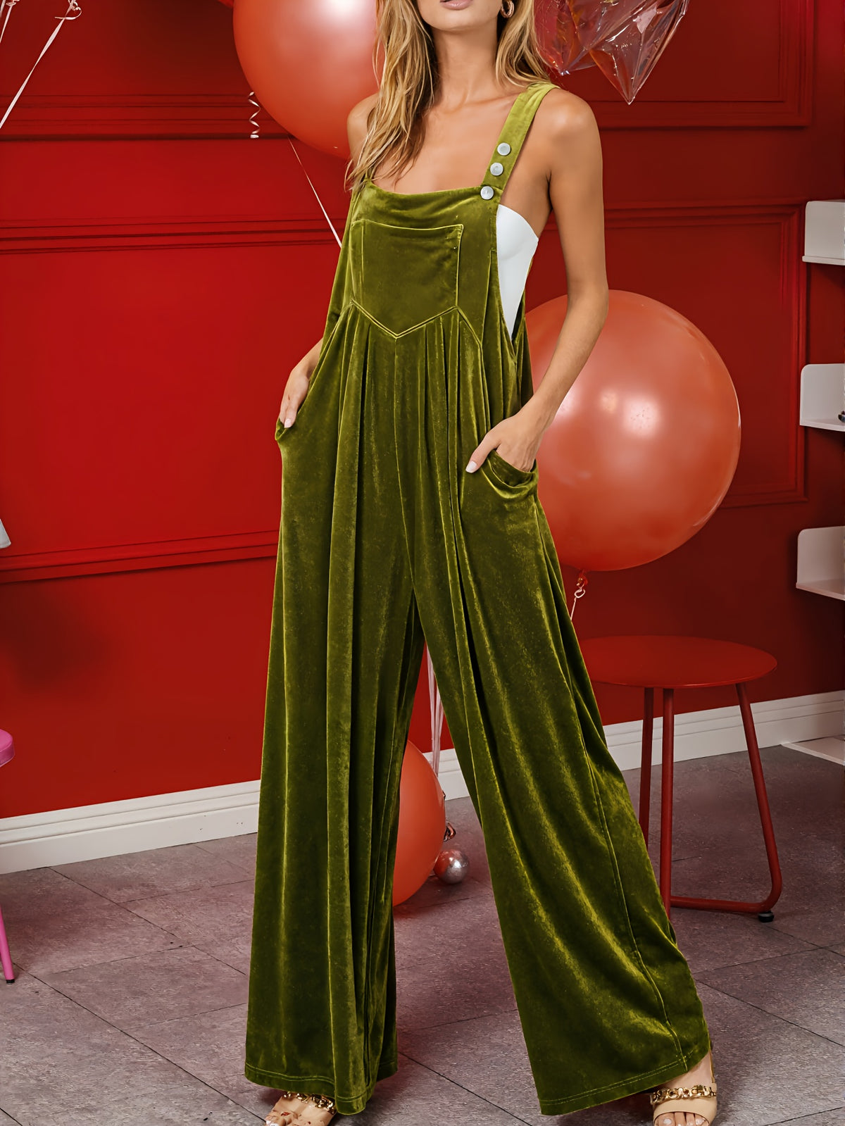 Velvet Wide Leg Overalls for Women, Solid Glossy Fabric Adjustable Buckle Strap Jumpsuit, Elegant Four Season One Piece Loose Pants, Chic Casual and Party Romper