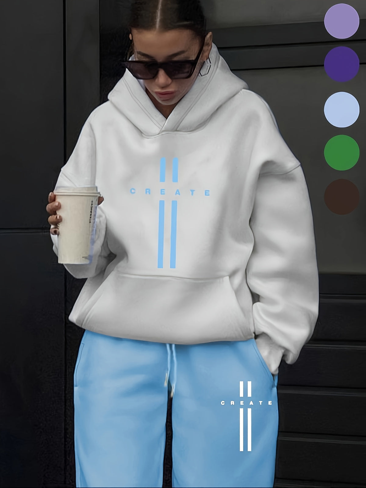 Printed Hoodie Sweatpants Set Women Oversized Fleece-Lined Tracksuit with Pockets Fall Winter Casual Jogger Outfit Dark Green Purple Sky Blue S-XXL