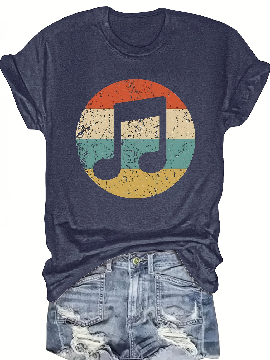 Music Note Graphic Print T-Shirt Women Round Neck Short Sleeve Casual Festival Concert Tee Non-Transparent Machine Wash S-XXL