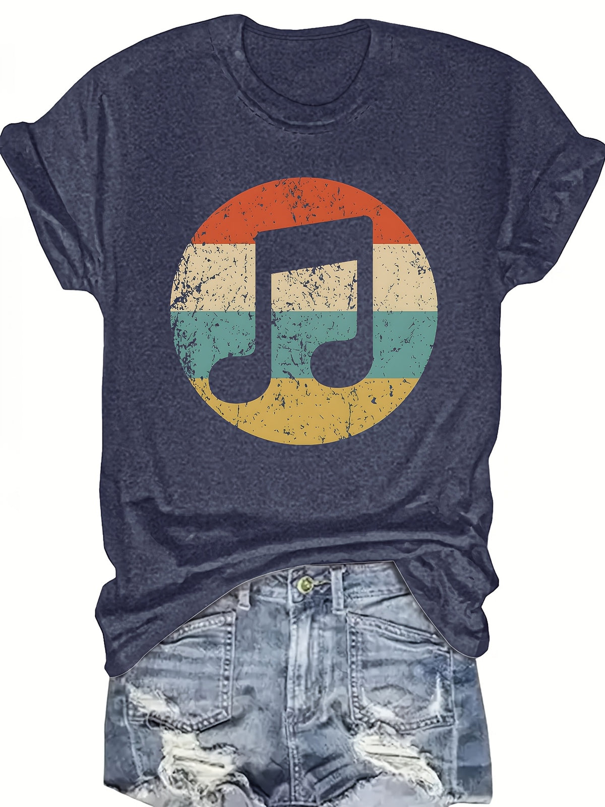 Music Note Graphic Print T-Shirt Women Round Neck Short Sleeve Casual Festival Concert Tee Non-Transparent Machine Wash S-XXL