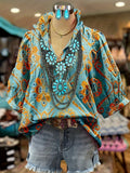 Pattern Print V-Neck Lace Neckline Pleated Blouse Women Cap Sleeve Casual Elegant Feminine Top Spring Fall