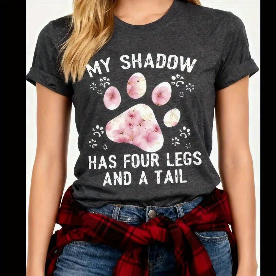 Sakura Cat Paw Print Graphic Tee Women Short Sleeve Crew Neck Casual T-Shirt | Cute Letter Print Cotton-Feel Knit Top for Spring Summer Daily Wear & Gifts