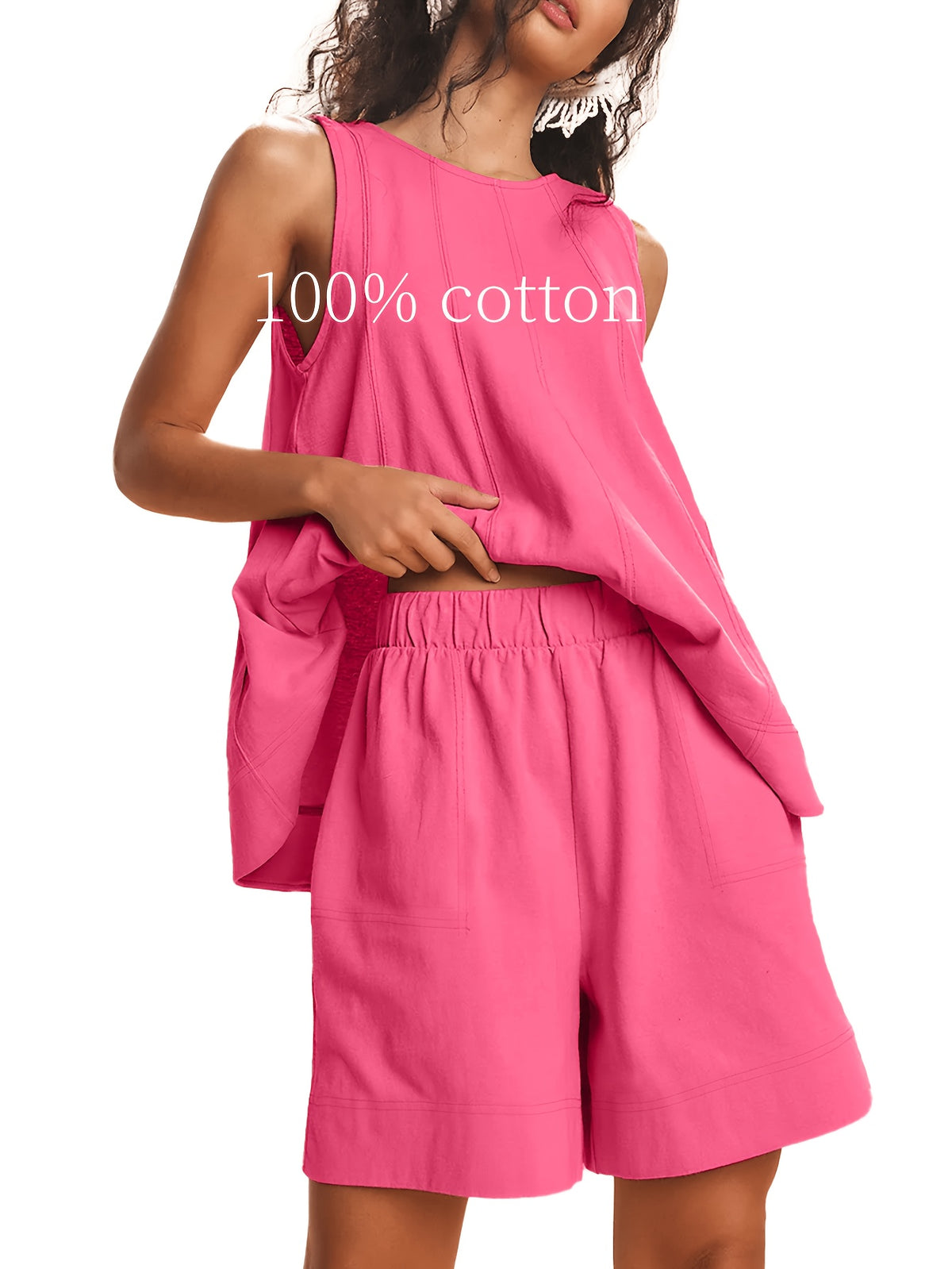Women's 2-Piece Matching Set Sleeveless Tank Top & High Waist Shorts with Pockets Contrast Stitching