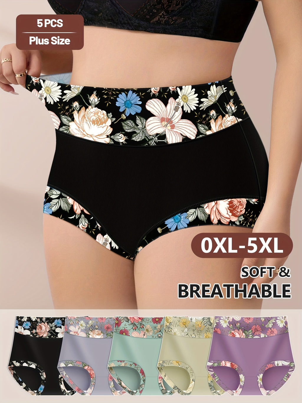 Plus Size Panties 5 Pack Women Floral Print High Waisted Soft Briefs Elegant Comfortable Underwear Set