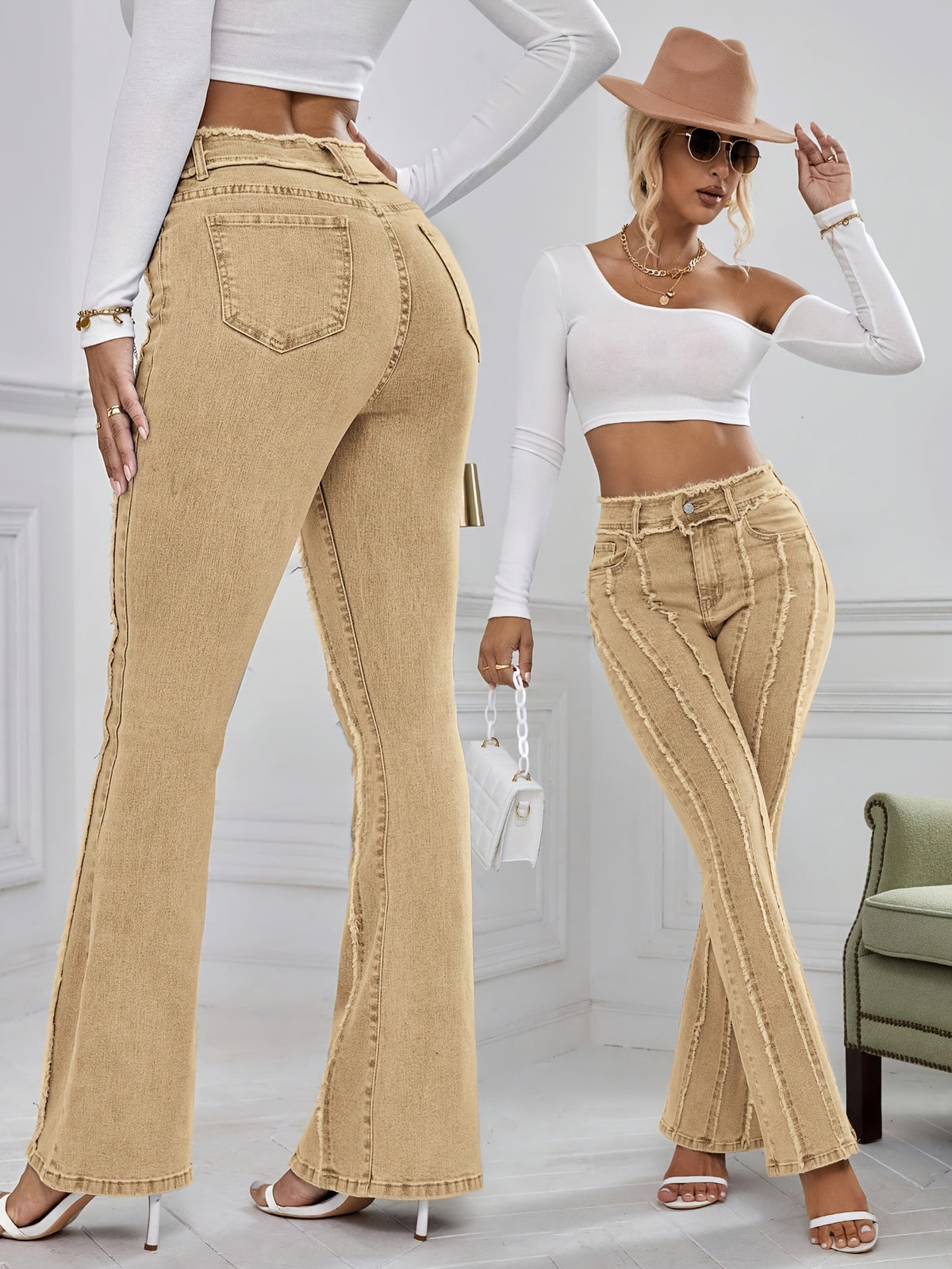 High Waist Stretch Bell Bottom Jeans Women Fringe Flare Denim Pants Outdoor All Season Light Blue Ginger XS-XL