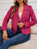 Women Faux Suede Leather Jacket Zipper Casual Fashion Outerwear Rose Red Khaki Orange Black S-XL