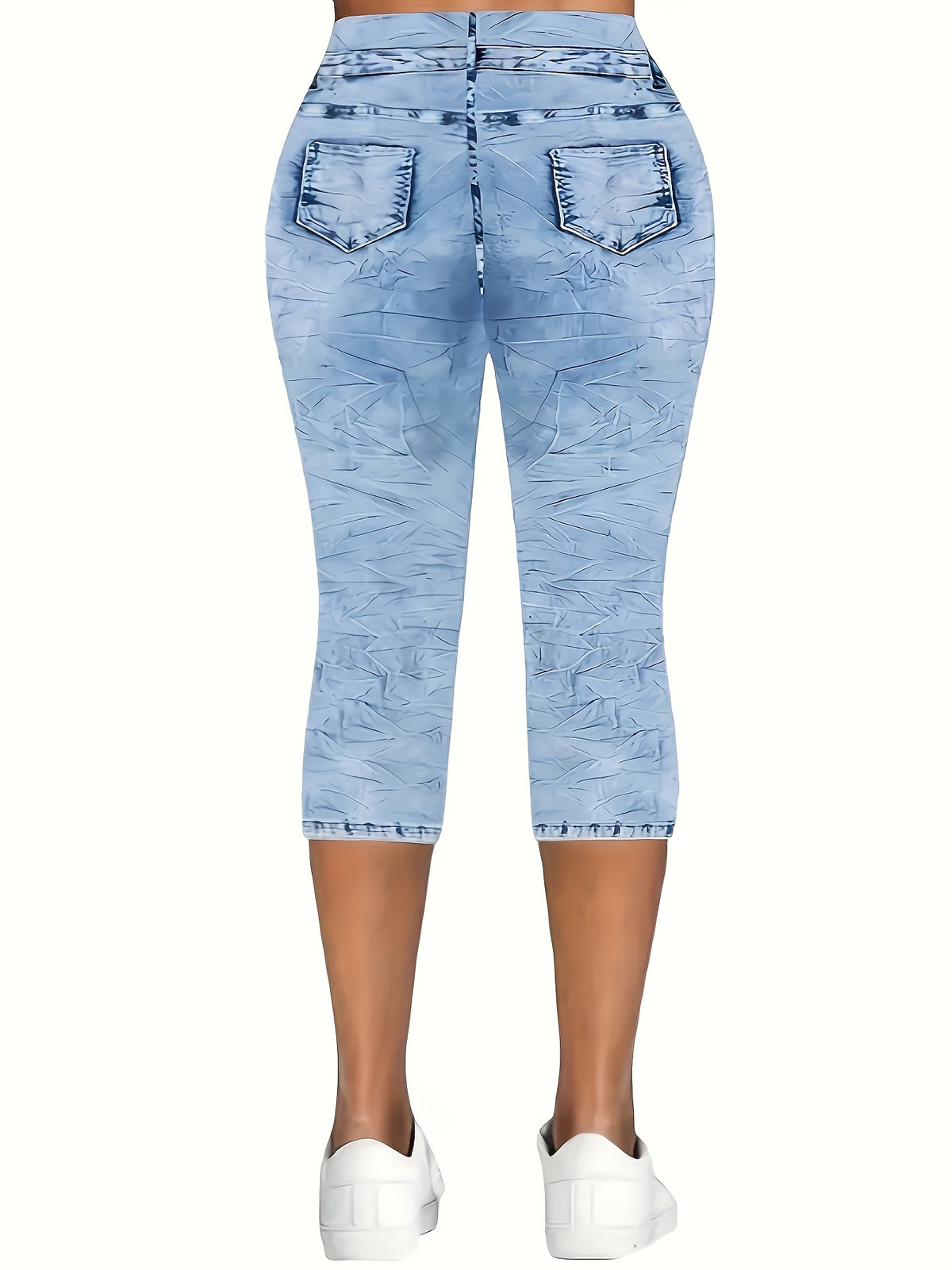 Geometric Print Capri Leggings for Women – Bright Steel Blue Tight Fit Non-Sheer Digitally Printed Cropped Pants, 95% Polyester Micro-Stretch All Season Layering, S-XXL