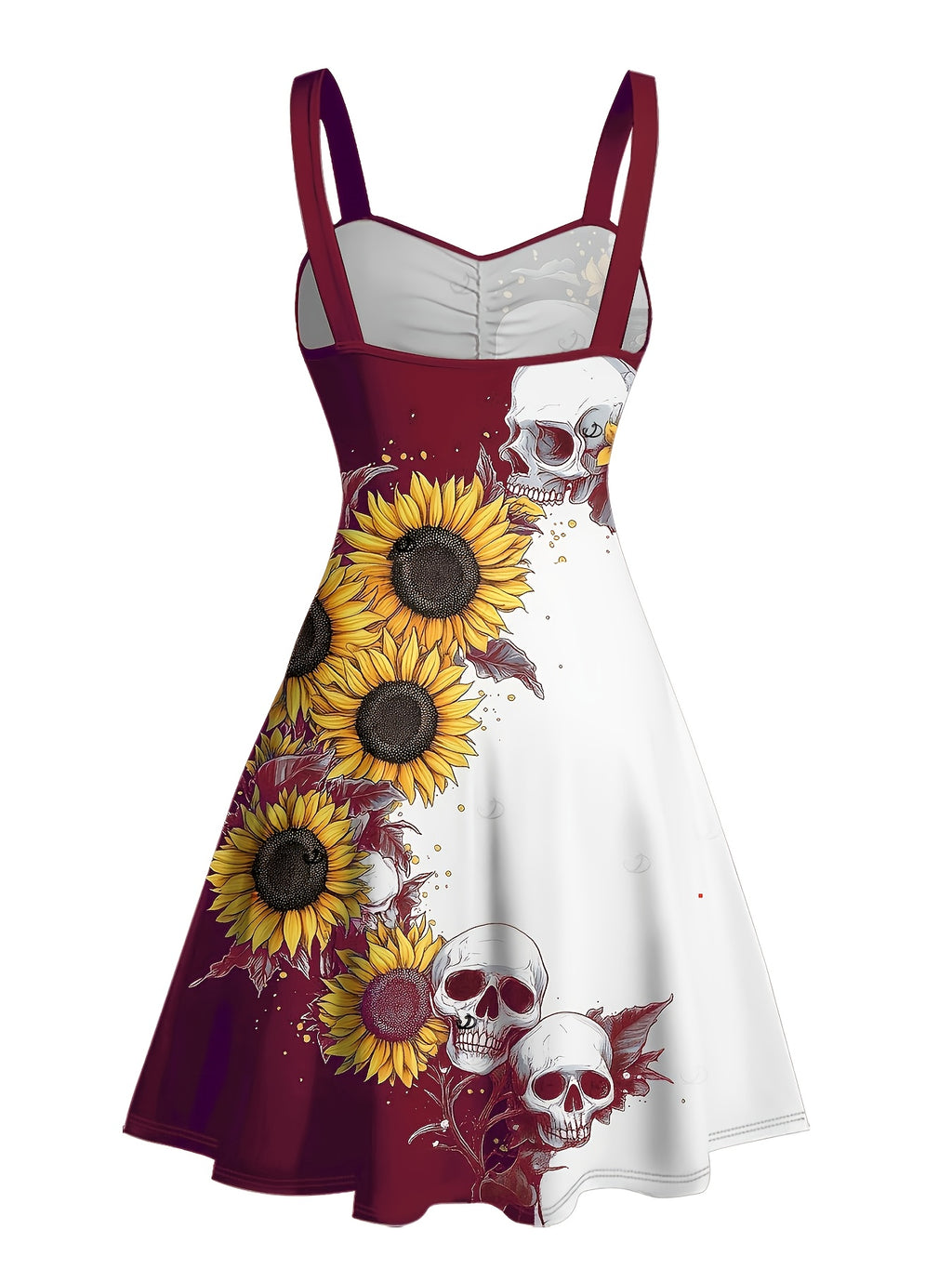 Gothic Sunflower Skull A-Line Mini Dress Women Sweetheart Spaghetti Strap Colorblock Ruched Belt Retro Halloween Dress S-XXL
