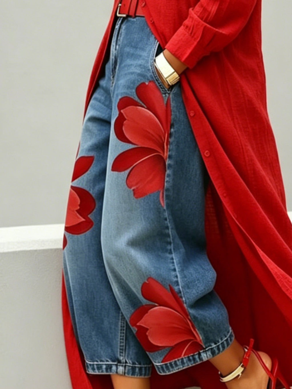 Floral Print Denim Wide Leg Pants Women Loose Fit Summer Casual Comfortable Boho Beach Trousers S-XXL