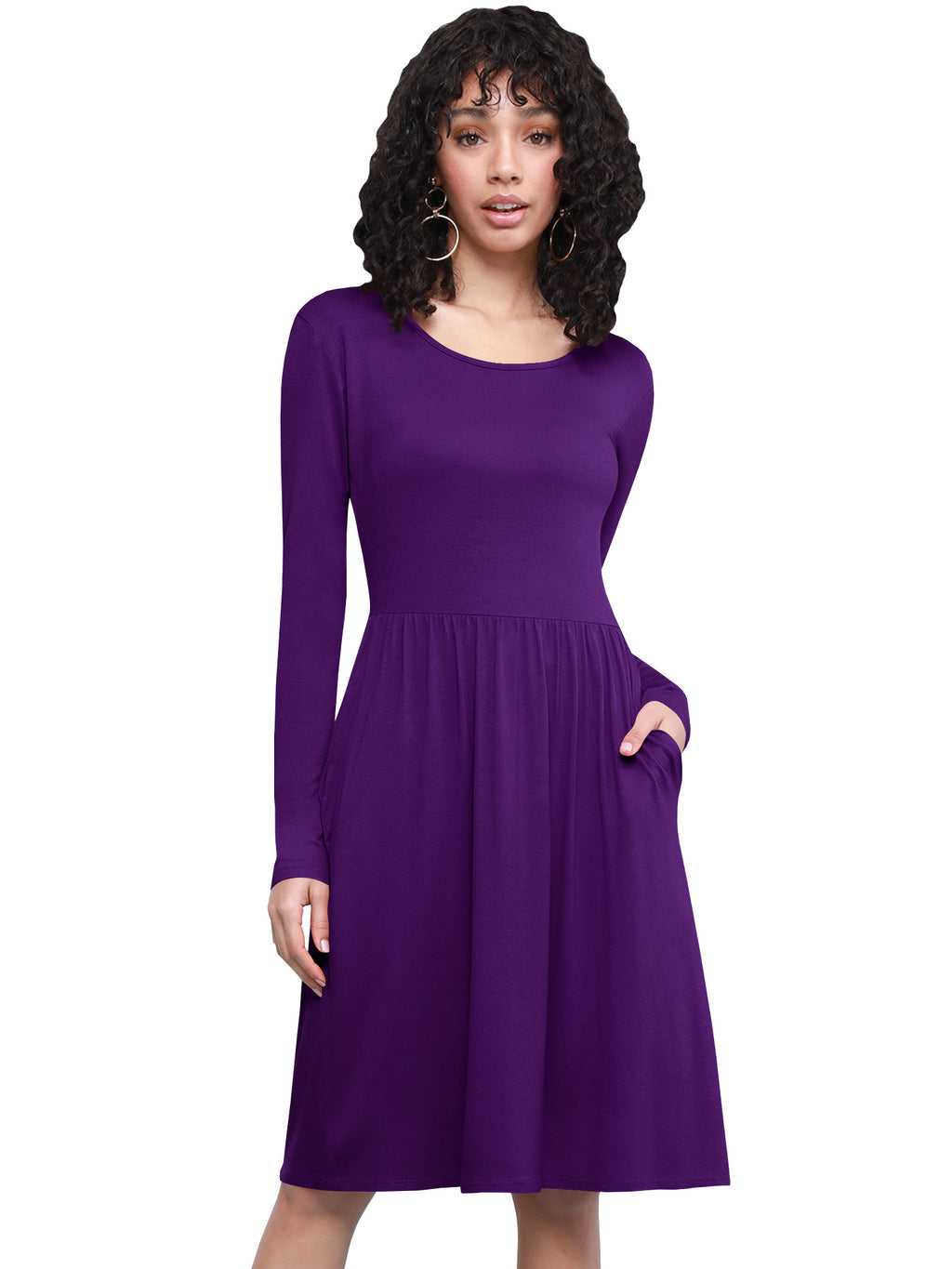 Long Sleeve Flowy Dress with Pockets Women Casual Soft Breathable Relaxed Fit Everyday Dress 18 Colors S-XXL